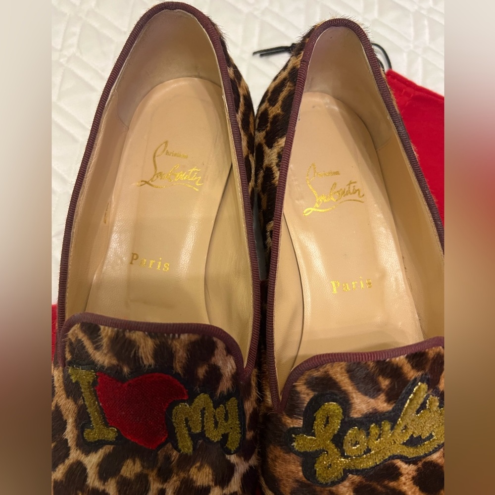 Christian Louboutin Leopard Print Embroidered Flats with Red & Green Accents - Picture 3 of 12